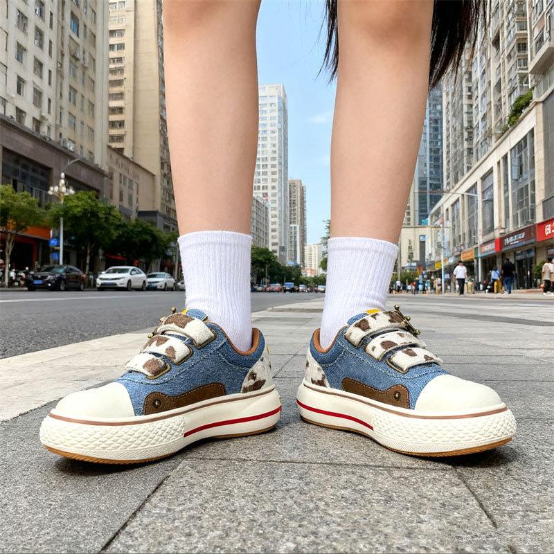 Star Big Head Shoes Women's Spring and Autumn New National Cartoon Platform Couple Denim Mickey Canvas Shoes Women