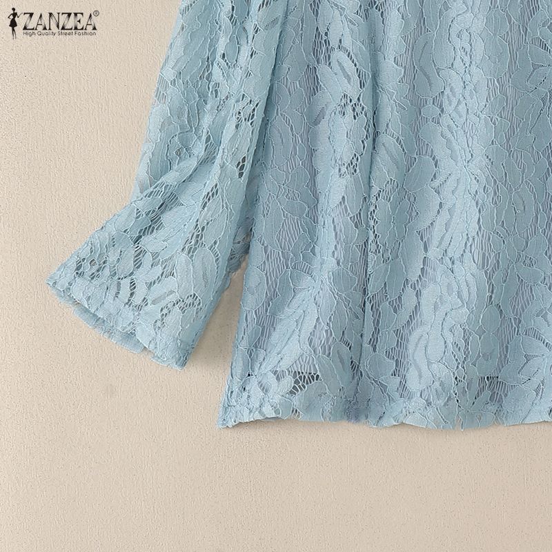 ZANZEA Kadın Günlük Yuvarlak Yaka 3/4 Kol Dantel Patchwork Bluz