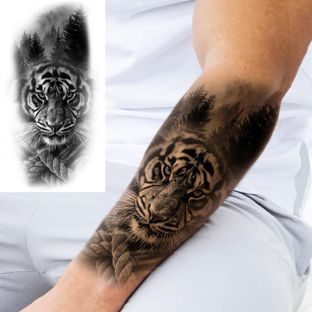 1 Sheet Scary Tiger Flower Temporary Tattoos For Women Men Adults Fake Black Black Animal Tattoo Sticker Covers Up Waterproof
