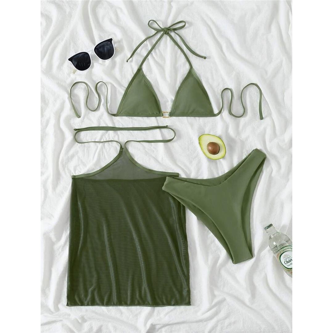 

Новий купальник-бікіні з трьох частин: топ-халтер, спідниця, плавки. Жіночий купальник для плавання. Купальний костюм для плавання. Жіночий купальник. L зелений