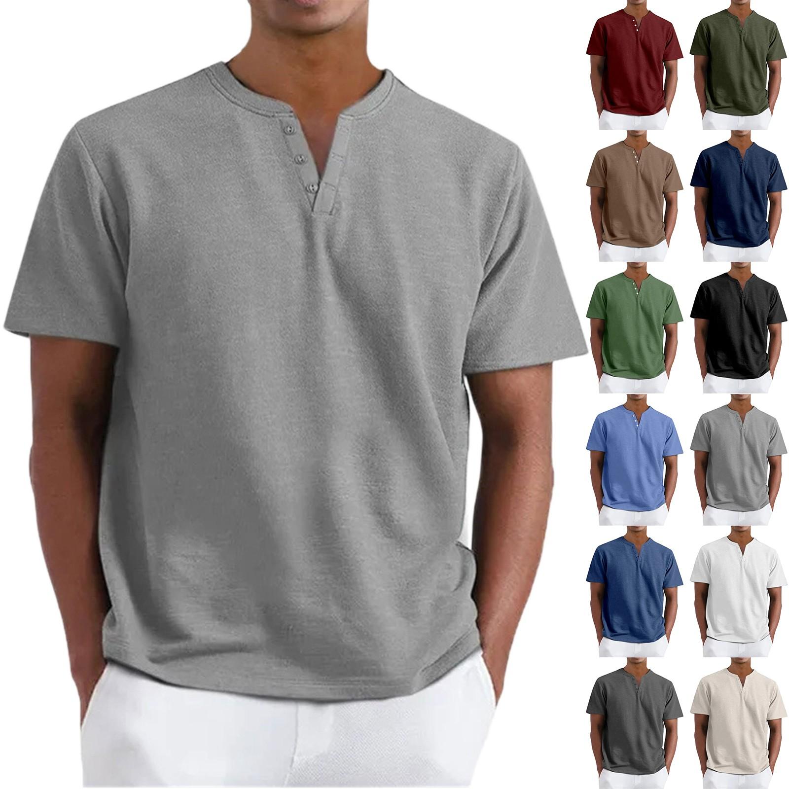 Men s Casual V-Neck Short-Sleeve Shirt - Cotton Solid Color Breathable Button-Up Top XL 1495₽