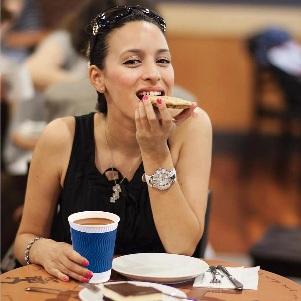 Disposable Paper Cups With Lids 12 Oz, Insulated Takeaway Cups, Corrugated Double Wall, Blue 50 Count