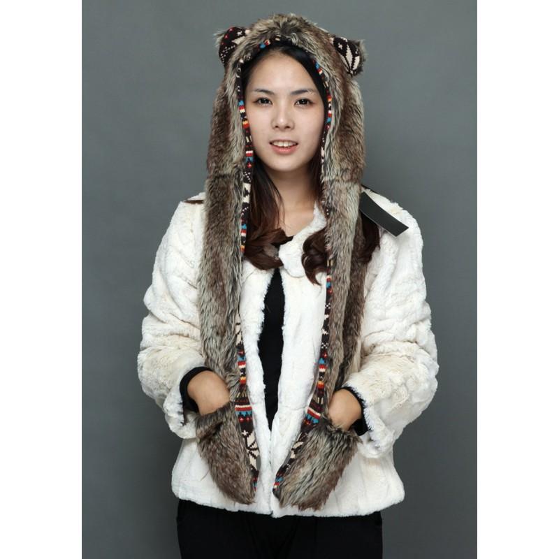 Faux Fur Fox Hat With Ears Scarf Gloves Combo Cute Cartoon Winter Warm Headwear Adults