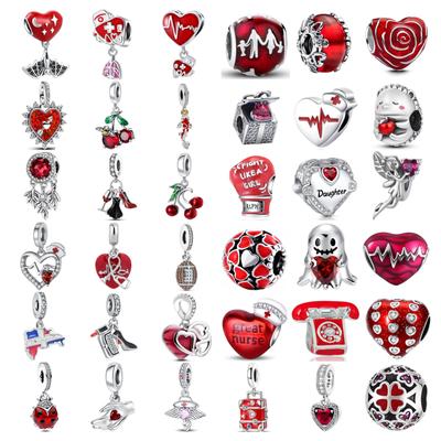 Nye kobberrøde charms, medisinsk personell hjerteperle, passer til originalt charmarmbånd for kvinner, DIY mote smykkelaging, kirsebær