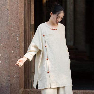 Women Vintage Shirts Solid Color Button Loose O-Neck Long Sleeve Fall Blouses Pockets Shirts