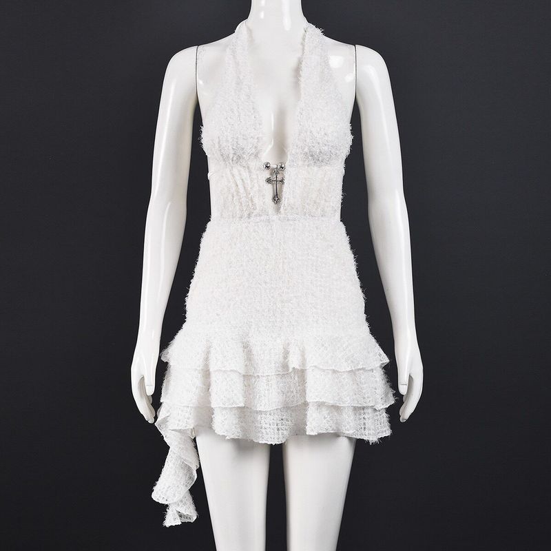 Sexy Deep V-neck Halter Dress Sexy Hanging Neck Backless Dress Apricot color S