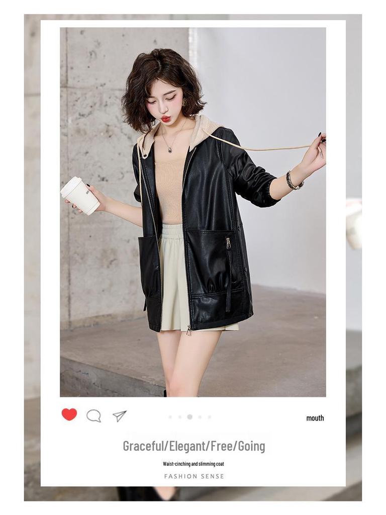 2024 Autumn Women's Fashion Detachable Hooded Knitted Leather Jacket WA8602