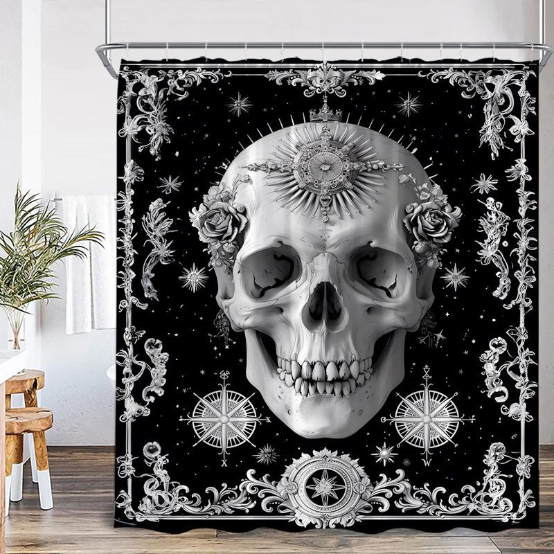 Floral Skull Shower Curtain Blue White Flowers Skeleton Horror Halloween Bath Curtains Polyester Black Bathroom Decor with Hooks