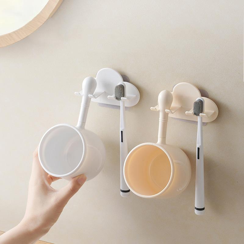 Home Brushing Cup Simple Mouthwash Couple Cup Straight Handle Punch-free Toothbrush Cup Holder Wall Mount Toothbrush Holder