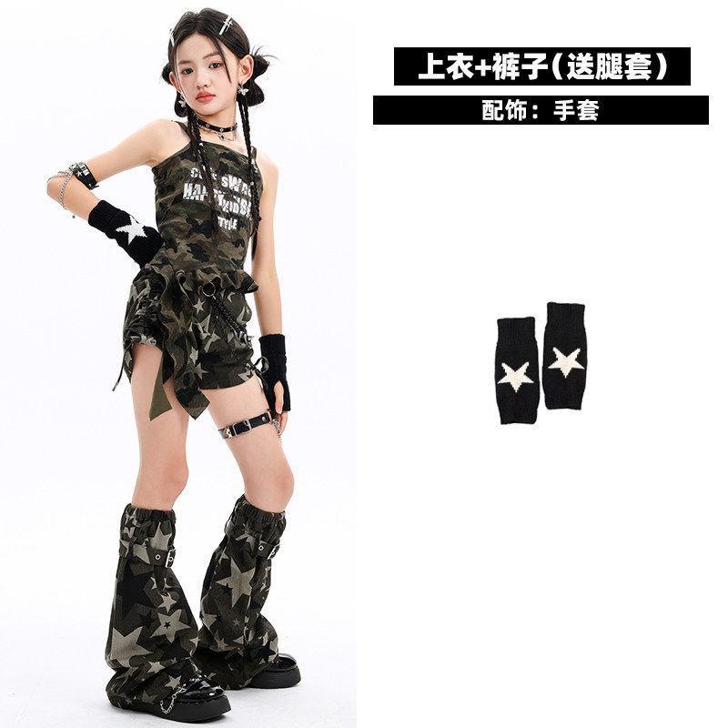 Girls Jazz Dance Outfit Camo Cami Shorts Set Kids Stage Performance Wear