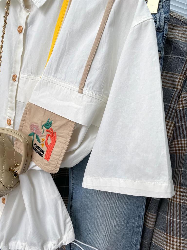 Women's Japanese Style Floral Embroidered Short-Sleeve Shirt: Cute, Loose, and Soft for Summer.