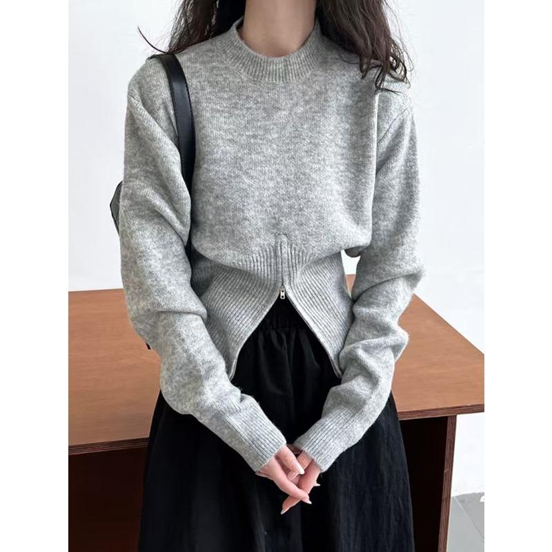 Autumn Round Neck Zipper Design Long Sleeved Knitted Sweater Loose Solid Color Casual Fashion Office Pullover Women Sweaters Female Clothing