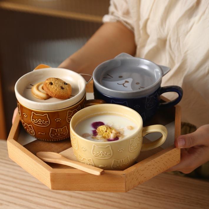 Super Cute Creative Cute Cat Ceramic Plate With Lid High Value Cartoon Student Milk Oat Cup Water Cup