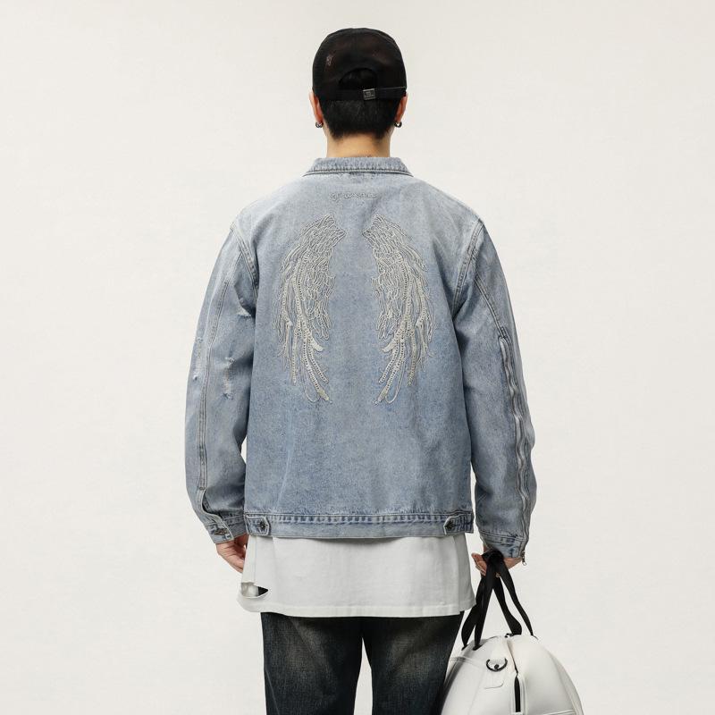 

Мужская джинсовая куртка в стиле ретро с вышивкой крыльев и рваным эффектом - Светлая расцветка, мотоциклетная уличная одежда, коллекция Осень 2025 L синий