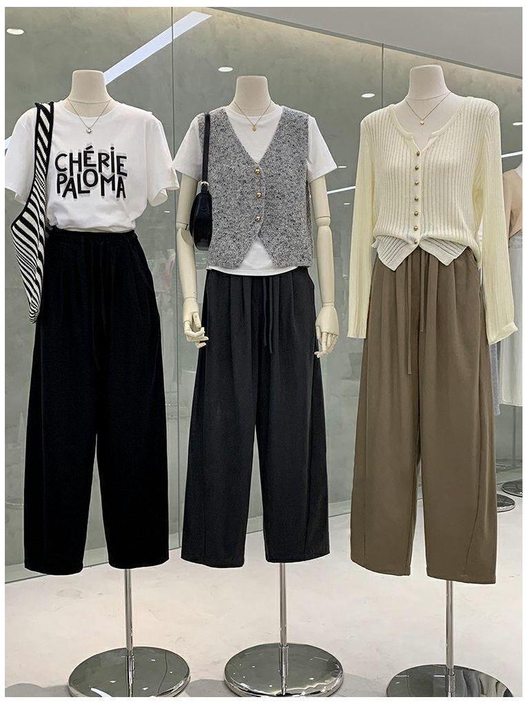 Plus Size Women's High Waist Wide Leg Pants - Spring Loose Fit with Elastic Lace-up Waist