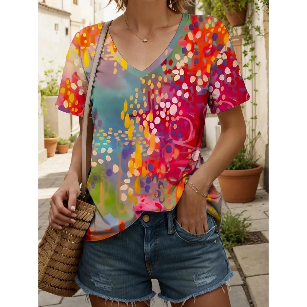 Summer V-neck 3D Printed Colorful Floral Graphics Top Fashionable Casual Short Sleeved Women's T-shirts