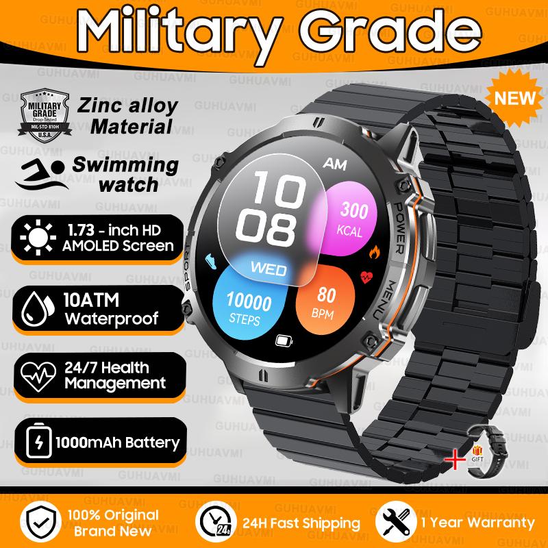 New 1000mAh Big Battery Outdoors Military SmartWatch 1.73" AMOLED Screen 10ATM Waterproof Compass Sports Tracker Smartwatch