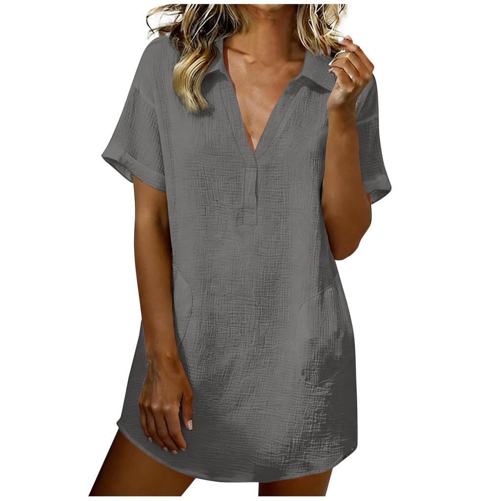 Women V Neck Short Sleeve Collared Shirt Mini Dress Linen Cotton Casual Beach Holiday Loose Fit Tunic Dress for Summer