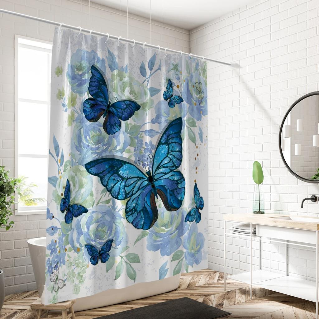 1 Piece Of 180X180Cm Blue Butterfly Flower Printed Shower Curtain Partition, Bathroom Waterproof And Mold Resistant