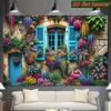 2D Vibrant Flower Stone Wall Backdrop, Blue Window Floral Cottage Party Banner