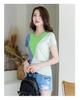 2026 Spring/Summer Women's Color Block Round Neck Stylish Patchwork T-Shirt, Short Sleeve 6919