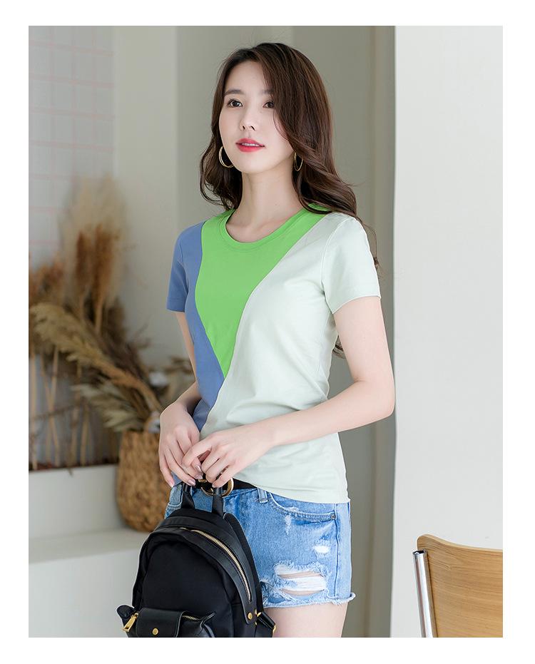 2026 Spring/Summer Women's Color Block Round Neck Stylish Patchwork T-Shirt, Short Sleeve 6919