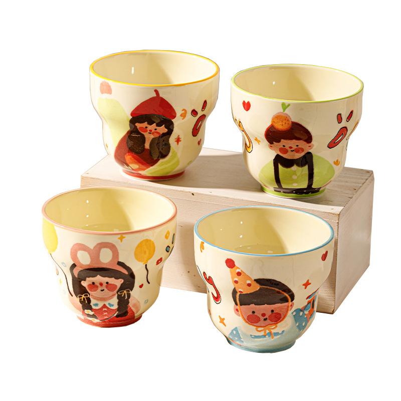 Family of 4 Ceramic Mugs Set 300ml Cute Cartoon Coffee Cups for Kids Breakfast Parent-Child Matching Drinking Cups