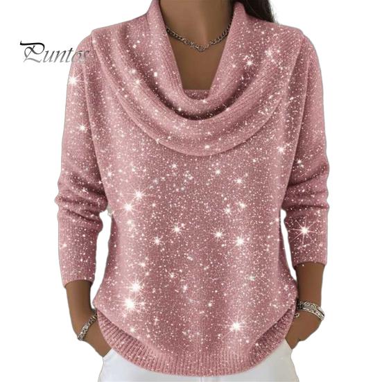 Stretchy Casual Shirt Women Tops Swing Collar Long Sleeve Shiny Rhinestones Pullover Loose Fit Solid Color Flash Design Blouse Daily Wear Soft