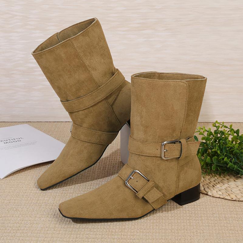 Woman Short Boots  Autumn Suede Leather Square Toe Women Heel Midsole Boots Low Heel Buckle Strap Retro Botas Para Mujer