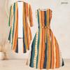 Women Plus Size Two Piece Set 3 4 Sleeve Open Front Cardigan Sleeveless Striped Printed Tie Waist Flared Dress