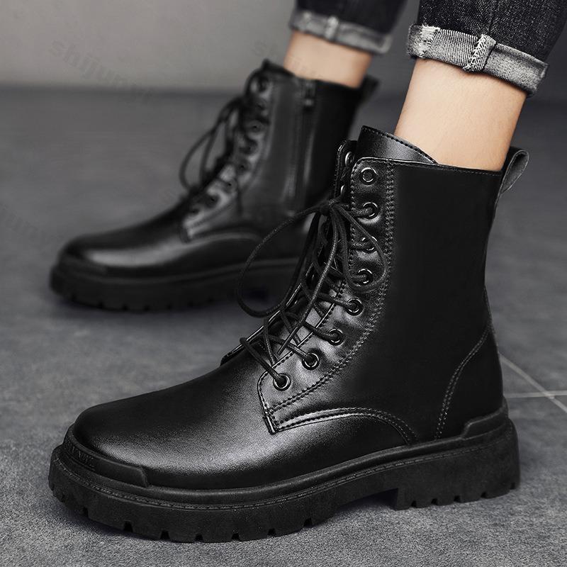 Fashion Men Black Leather Boots New British Style High Top Fashion Work Boots Outdoor Street Fashion Chelsea Men Shoes Comfortable Short