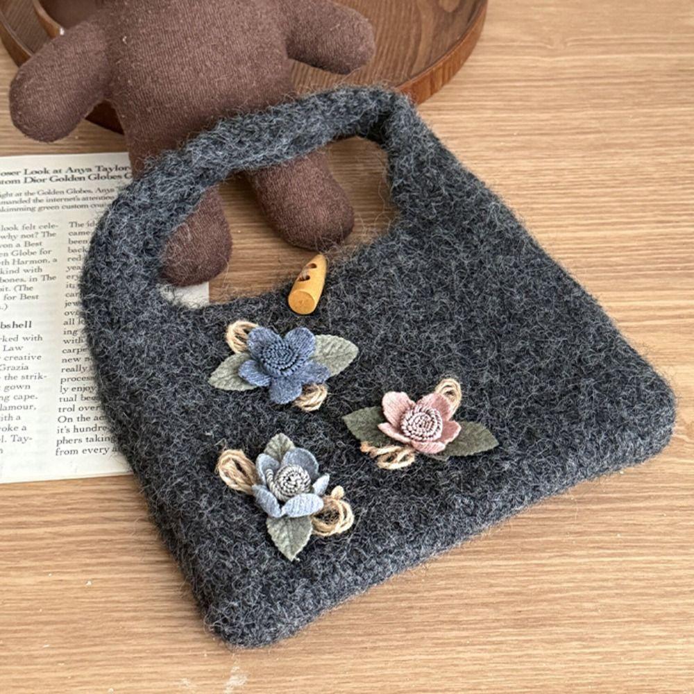 Horn Button Knitted Handbag Flower Phone Bag Casual Knitted Wrist Bag  Travel