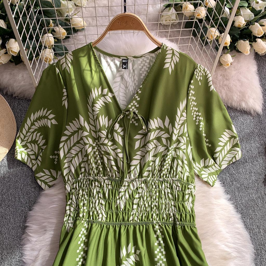 Summer Women Printed Dress V-neck Lace-up Short Sleeved Pleated A-line American Casual Fashion Elegant Female Dresses