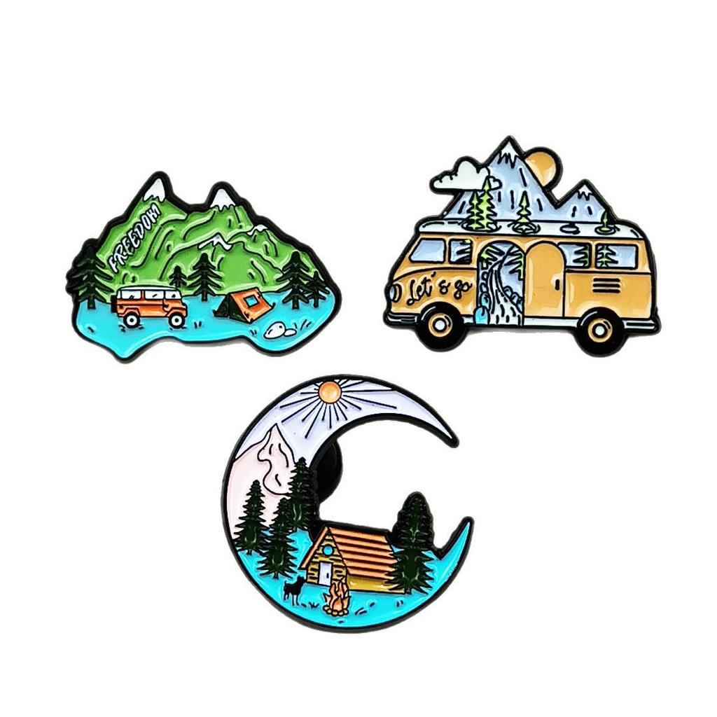 Moon Car Travel Brooch with Mountain & River Scenery - Metal Backpack Badge