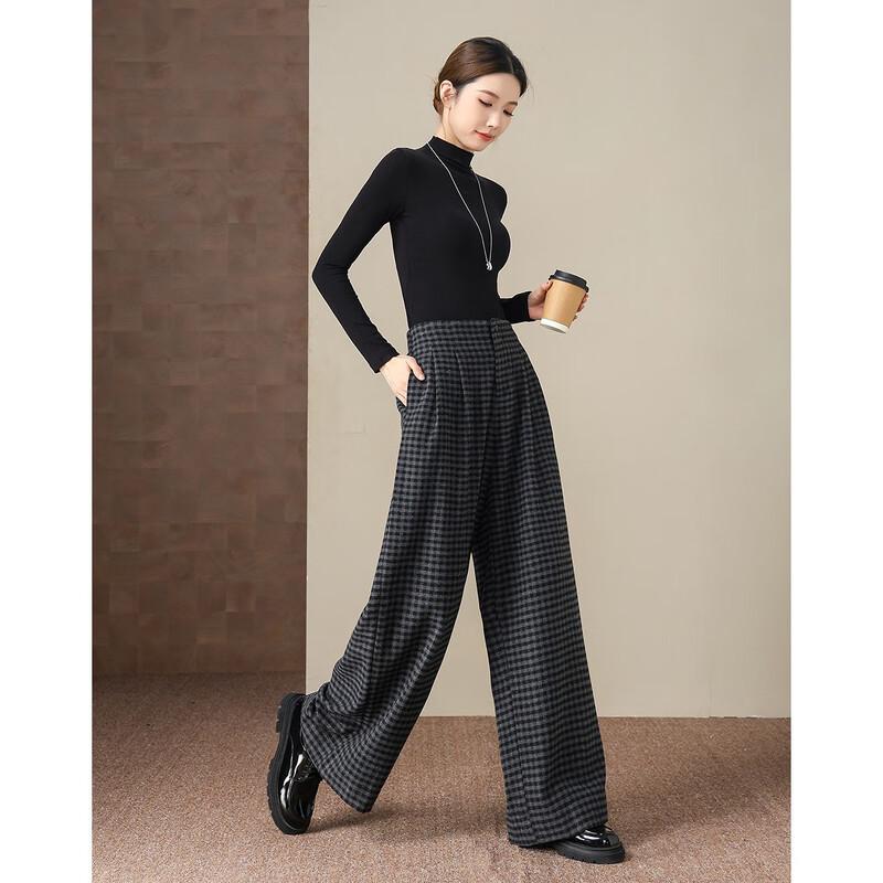 Demana Women's Warm High-Waist Pleated Plaid Wide-Leg Trousers