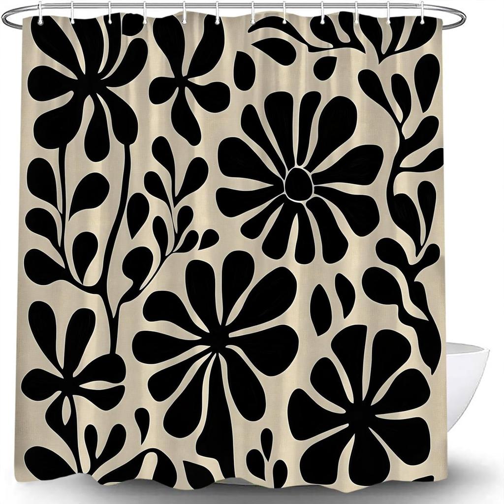 Black Boho Floral Shower Curtain Retro Abstract Flower Leaves Cute Plant Vintage Aesthetic Modern Cool Rustic Mid Century Art Bath Decor Curtain with