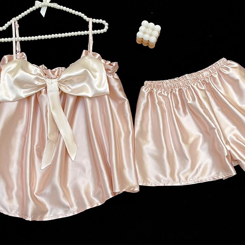 Summer Pajamas Women's Sweet Suspenders Shorts Pure Desire Wind Bow Cute Girls Loungewear Set Tiled