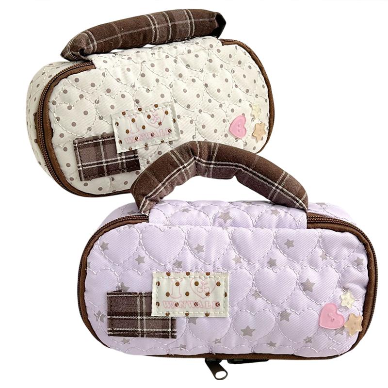 1PC Vintage Handheld Pen Bag Love Polka Dot Pencil Case Large Capacity Student Stationery Bag