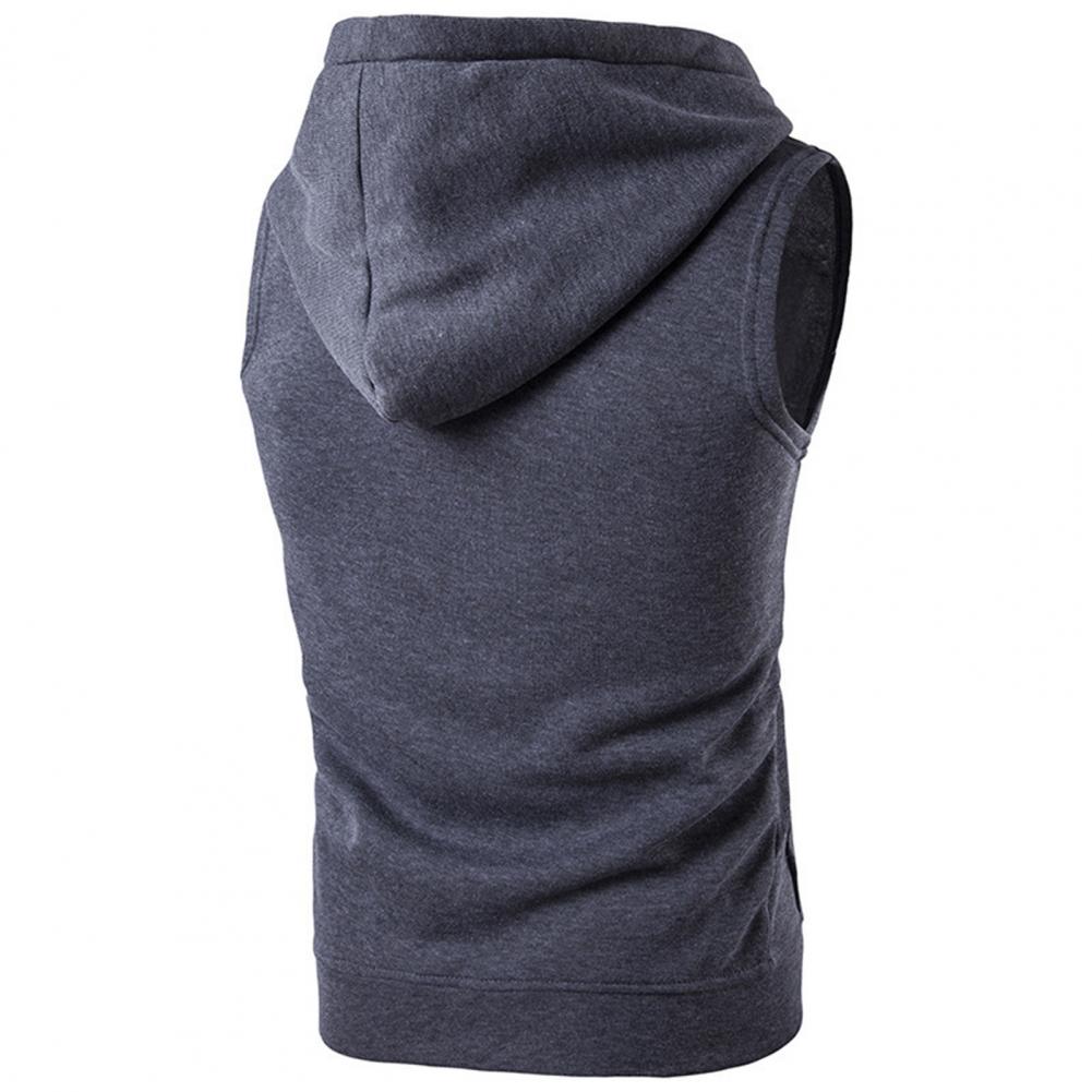 Men Vest Jacket Hooded Drawstring Sleeveless Zipper Placket Vest Coat Solid Color Pockets Zipper Placket Waistcoat