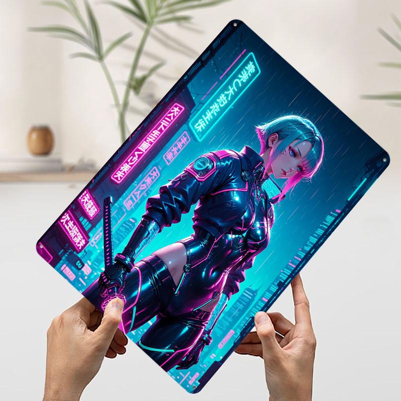Cyberpunk Girl Anime Samurai Poster Customized Wall Art Vintage Metal Signs Retro Tin Plaque for Man Cave Decoration Room Decor