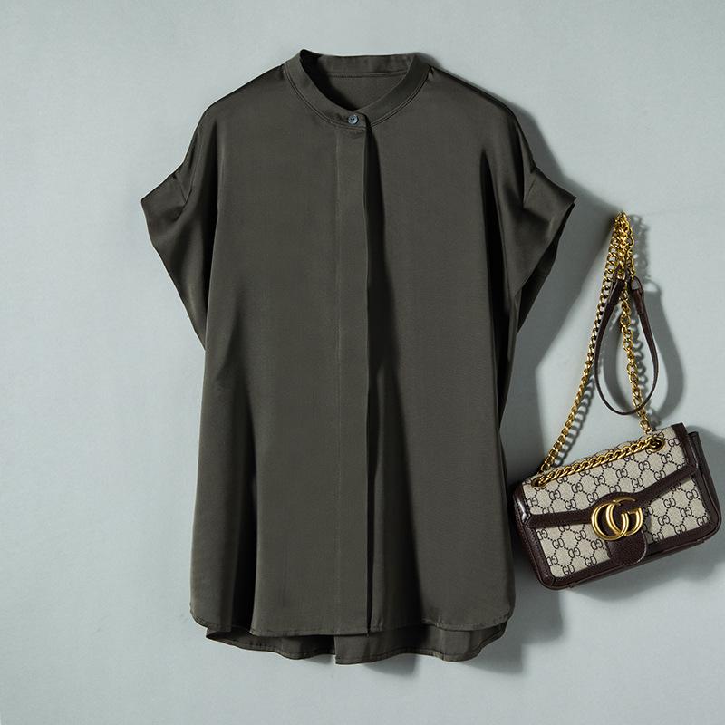 Women's 2025 Summer Short-Sleeve Mulberry Silk Stand Collar Shirt