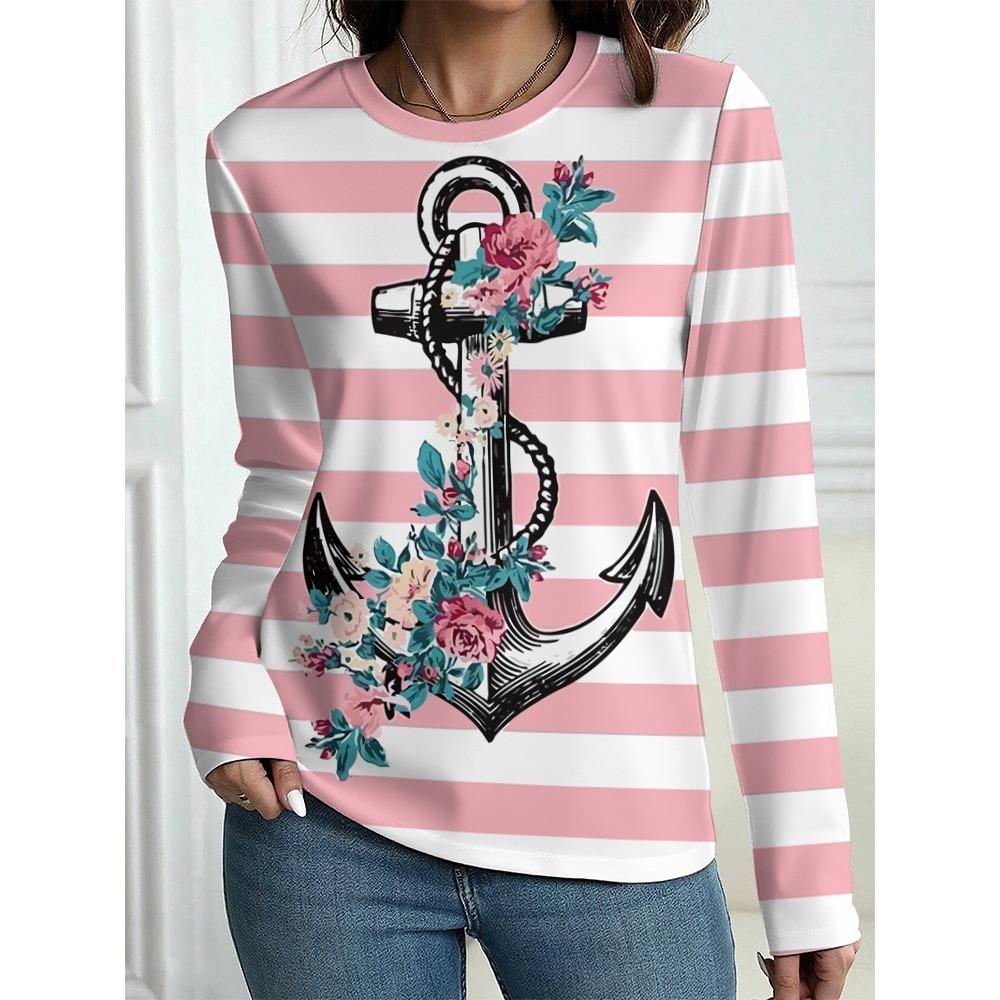 Damen T-Shirt Outdoor Freizeit Langarm Gestreift Anker Muster 3D Druck Oberteile Straße Rundhals Herbst Übergroß Kleidung