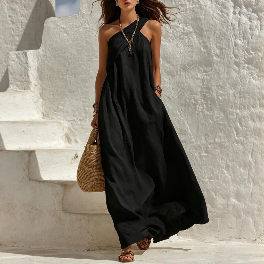2026 Amazon Independent Station Popular Women's Clothing Casual Personality Slanted Shoulder Pleated Design Loose Solid Color Dress