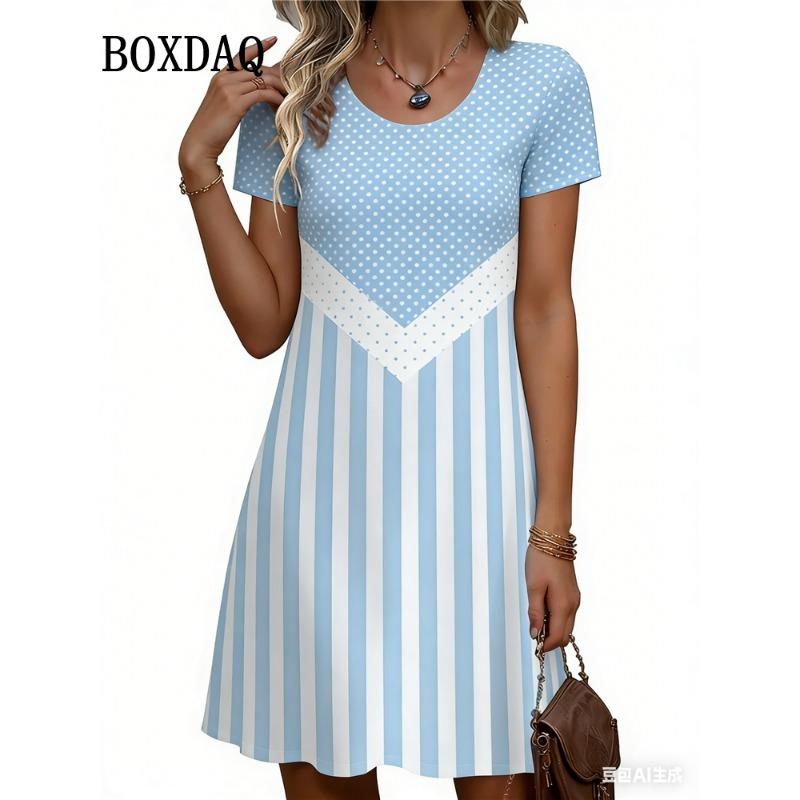Simple Fashion Women's O-Neck A-Line Dress Striped Dot 3D Print Women's Dress Summer Loose Elegant Women's Short-Sleeve Dresses