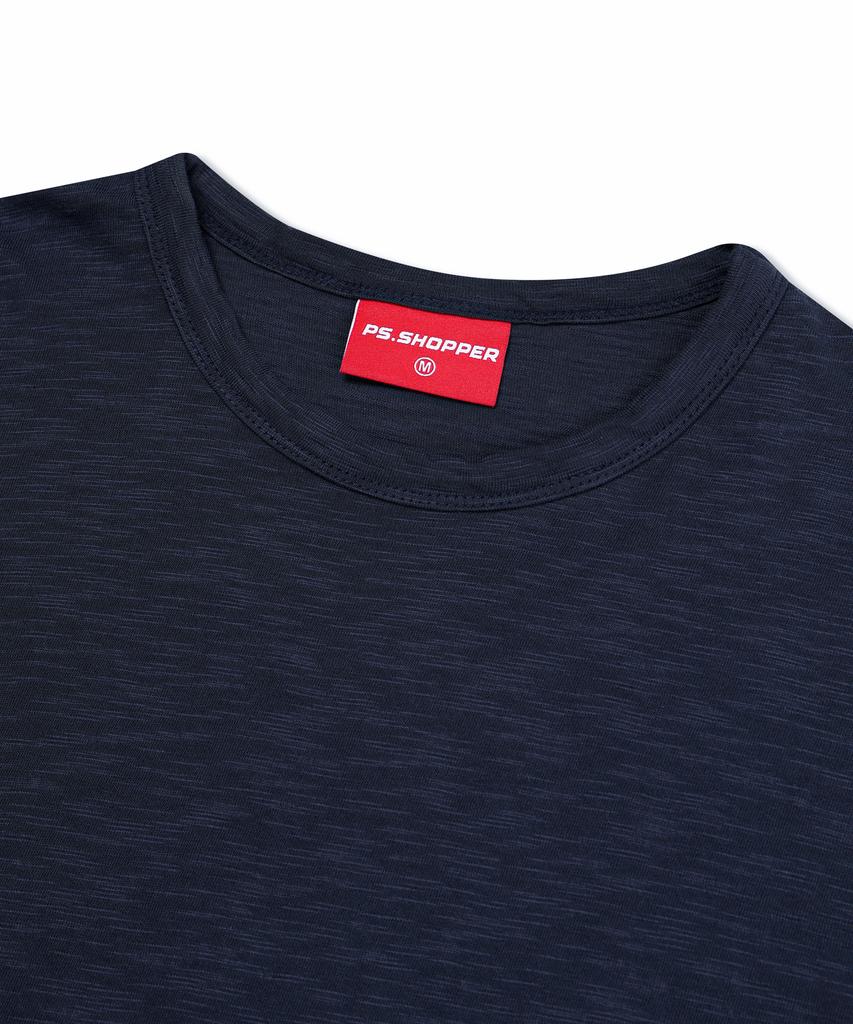 PSSHOPPER Semi-Crop Slub Vintage Short Sleeve T-Shirt [Navy]