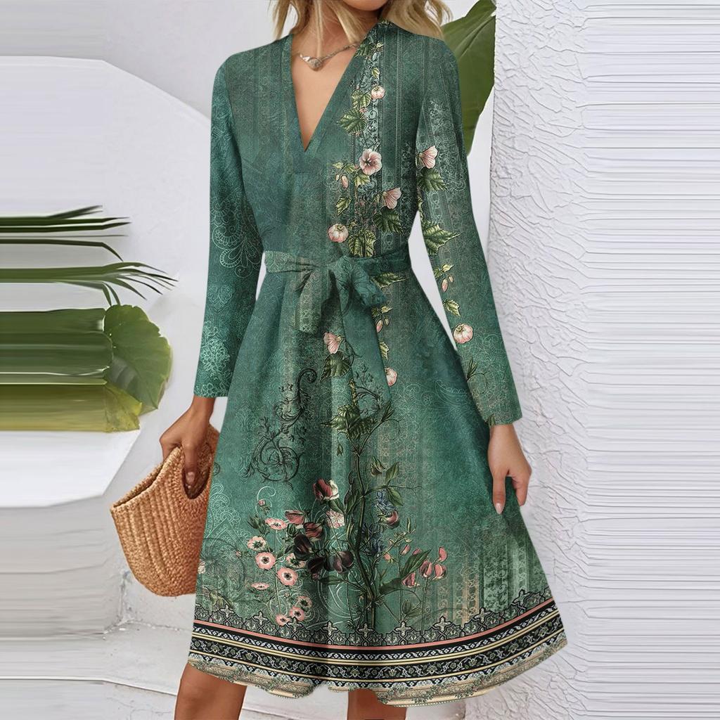 Women's Fashion Casual V-Neck Long Sleeve Waist Retro Printed Midi Dress