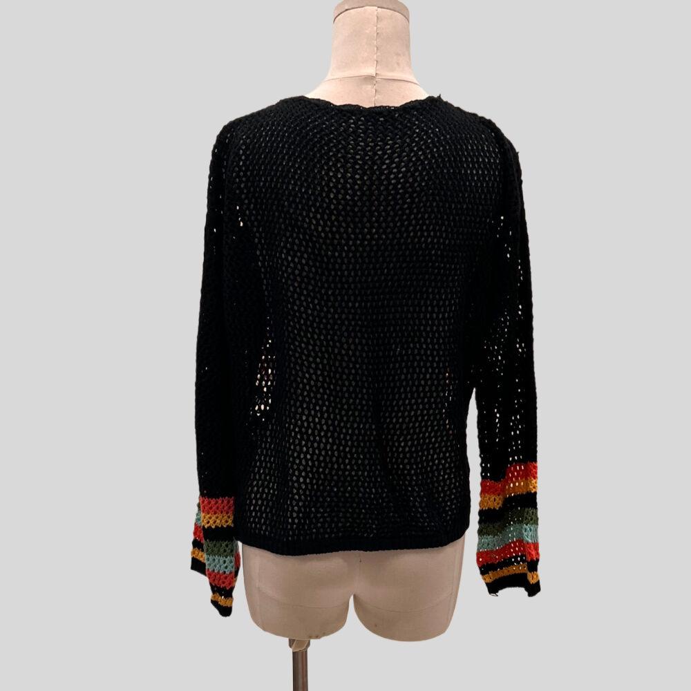 Ethnic Retro Crochet Rainbow Cardigan: Handmade Color Block Long Sleeve Knit Top