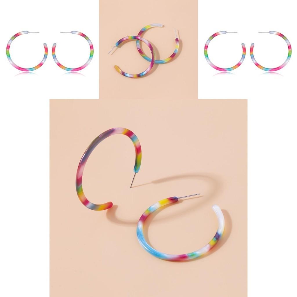 European American C-shaped Rainbow Acrylic Earrings Vibrant Alloy Jewelry