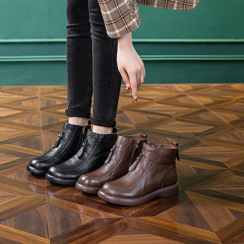 The first layer of cowhide British leather short boots for women's autumn and winter new thick-soled Martin boots for women's thin front zipper casua
