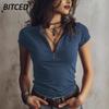 Camicette e camicie da donna con scollo a V, maniche corte, stampa tinta unita casual alla moda
